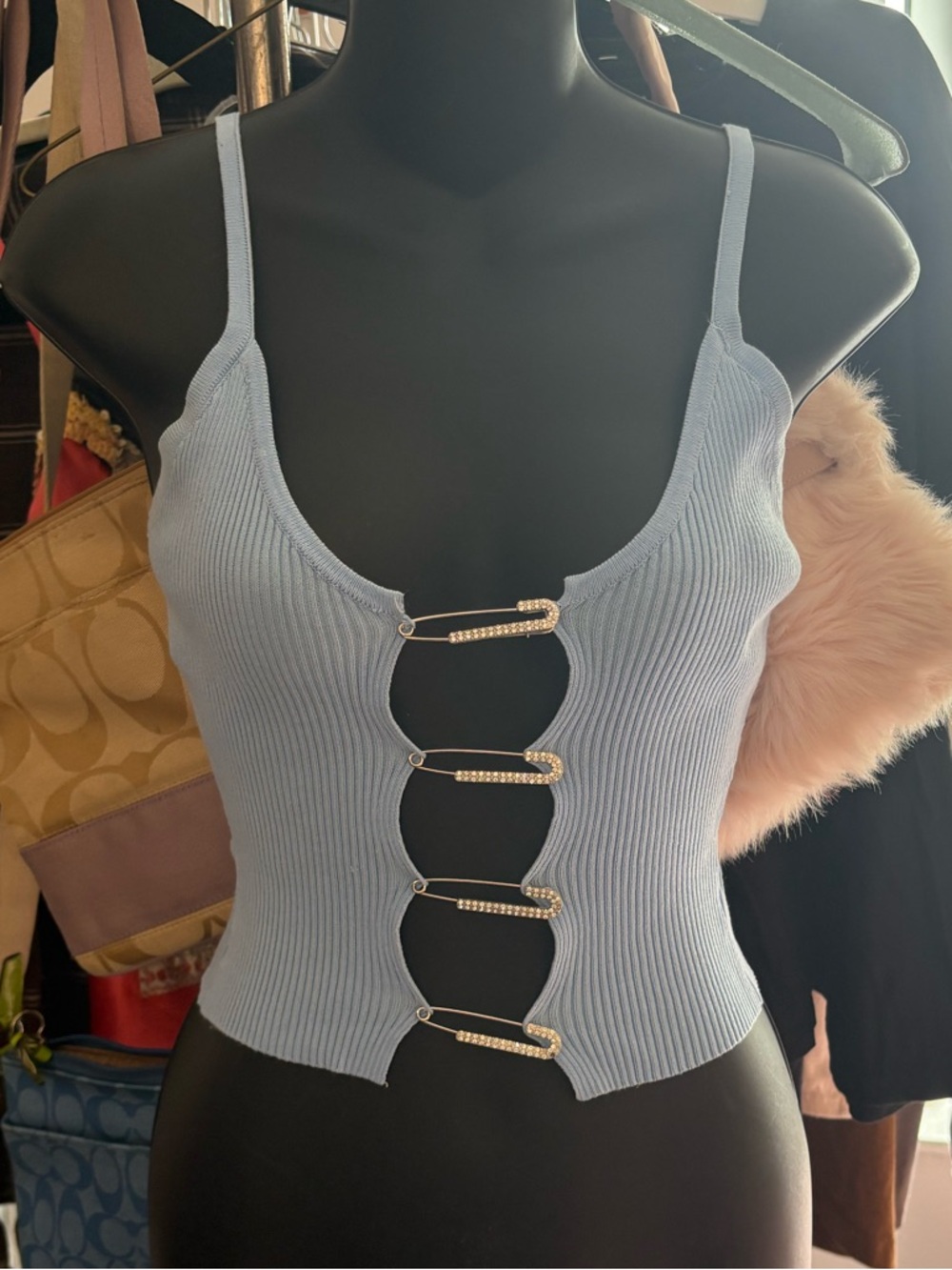 Ribbed Light Blue Cutout Tank Top with Silver rhinestone Hardware